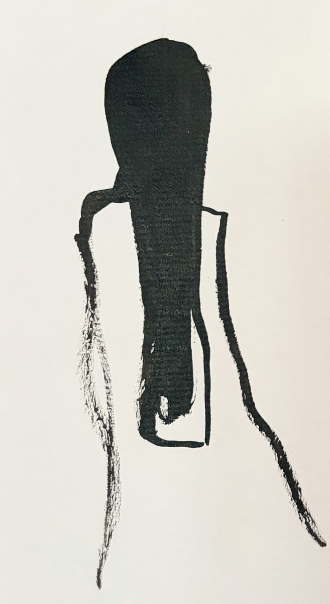 Black marker drawing of a woman seen from behind: long dark hair and loose, dry strokes for shoulders and arms.