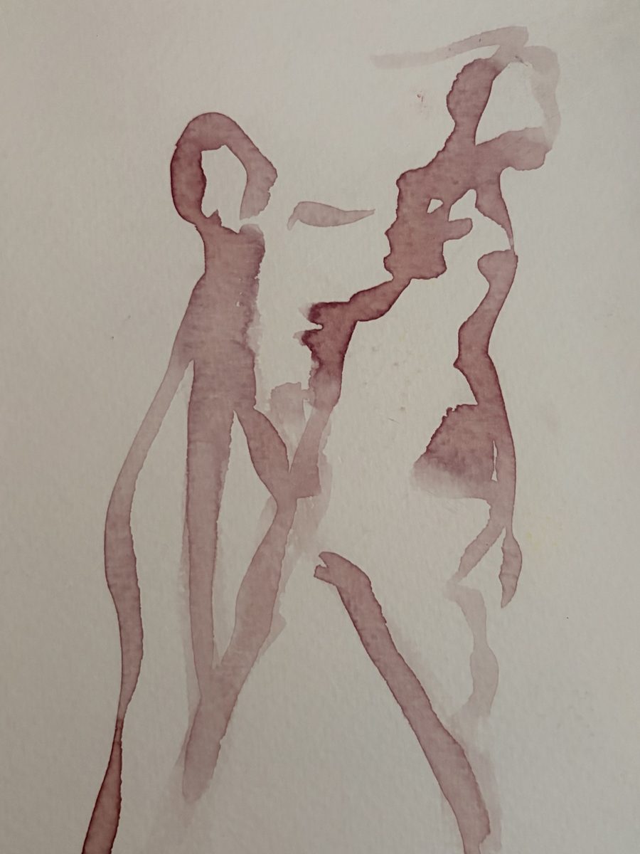 Wine-coloured watercolour of two slender figures, one reaching toward the other.