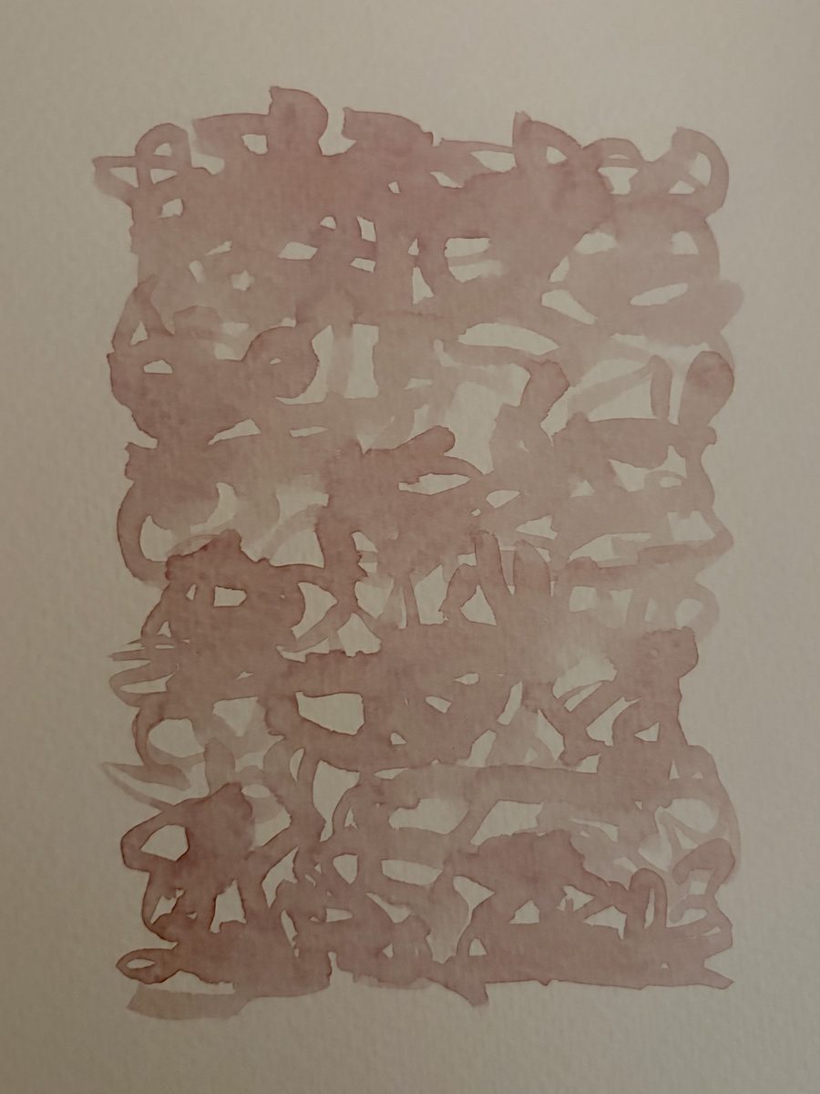 Pale rose watercolour block of looping, overlapping brushstrokes, like a page of asemic writing.