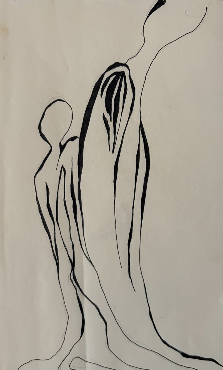 Black ink drawing of two elongated figures in flowing lines, one small and one tall, leaning together.