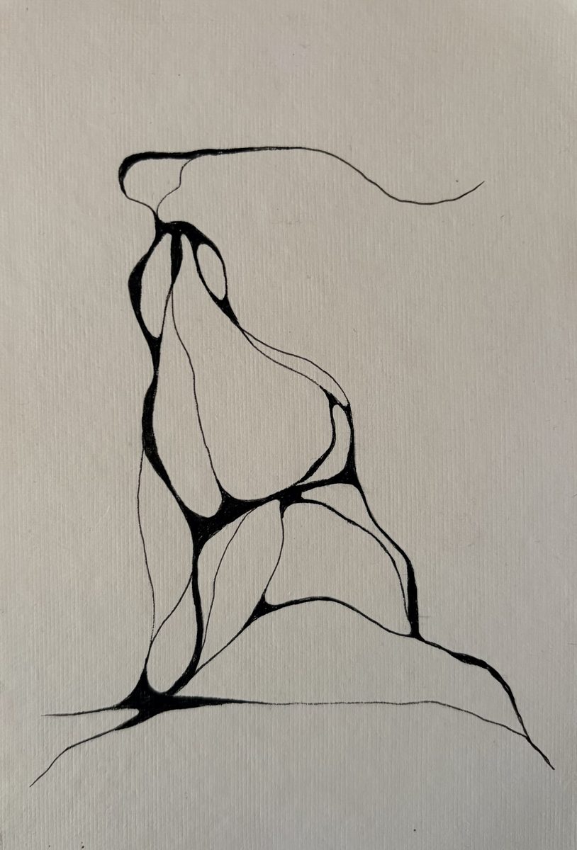 Black ink drawing of an abstract figure built from rounded, cell-like shapes, rising from a hill-like base.