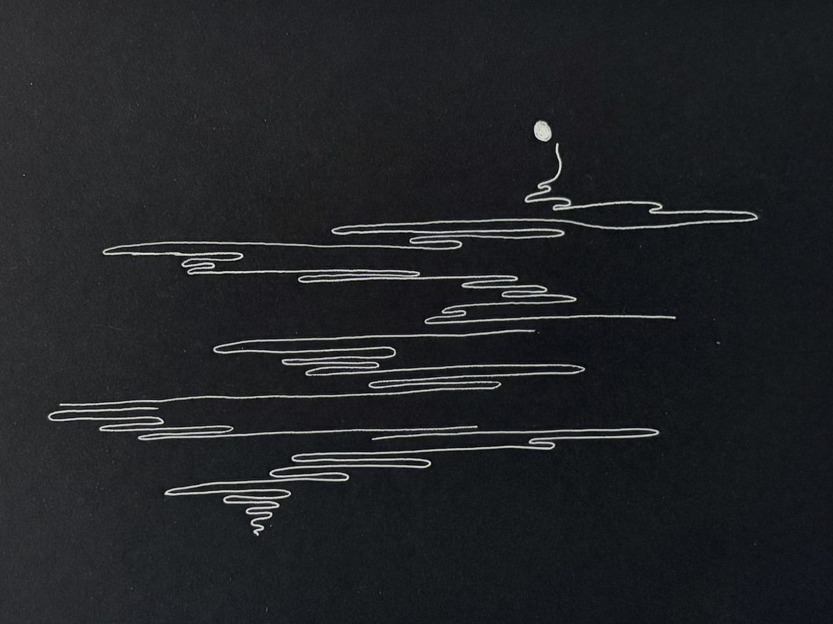 White looping line on black paper, like reflections on water, rising to a small moon.